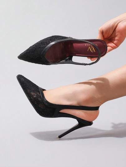 Lace Black High Heels Breathable Sexy Pointed Toe Party Fashion Stilettos, Elegant, Women Pumps, Elegant