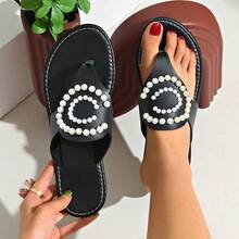 1 par de sandalias de piel con perlas de estilo bohemio, para usar en la playa, primavera/verano