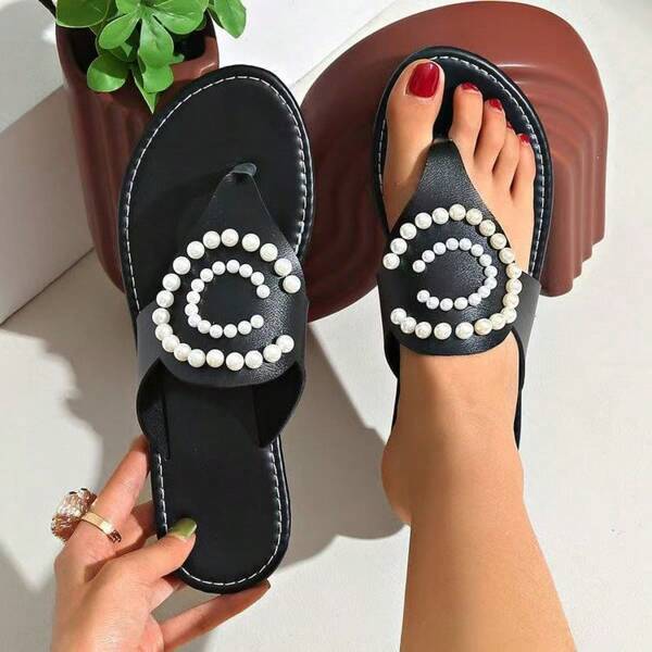 1 par de sandalias de piel con perlas de estilo bohemio, para usar en la playa, primavera/verano