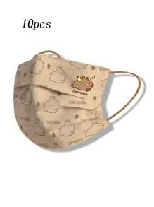 10pcs Disposable Capybara Cartoon Face Masks, 3-Ply Non-Woven Fabric, Comfortable Breathable, Individually Packaged, Suitable For Outdoor Use, Fashionable Accessory, Dust And Allergy Protection