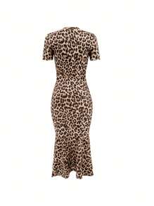 European & American Stylish Summer New Fashion Elegant Holiday Beach Home Party Date Leopard Print Round Neck Short Sleeve Fishtail Hem Dress