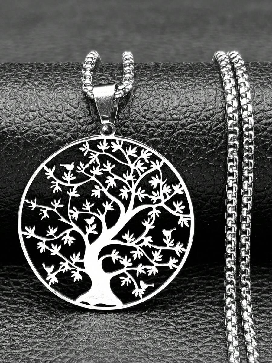 Halskette aus Edelstahl Baum des Lebens, Halskette für Frauen, Statement Halskette, Silberfarbene Kette