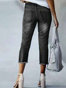 毛边直筒牛仔裤、磨边喇叭裤、时尚休闲轻洗做旧直筒牛仔裤、美国独立日骄傲节女式七分牛仔裤、度假装、教师装