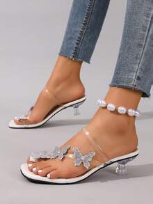 Teenagers High Heel Sandals, New Summer Silver Butterfly Rhinestone Transparent Open Toe Kids Girl Flip Flops - Silver - View 3