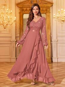 MIUSOL Đầm maxi dự tiệc trang trọng, cổ chữ V, tay phồng, viền bèo nhún, đính sequin và ren hoa, kiểu dáng thanh lịch dành cho nữ, thích hợp cho khách dự đám cưới, lễ tốt nghiệp, tiệc gala và các dịp khác, đặc biệt cho ngày Valentine mùa xuân. - Bụi hồng - Xem 4