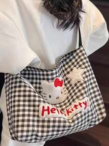Sanrio Borsa a tracolla Sanrio Hello Kitty a quadri, borsa a cartone animato da donna, borsa in tela con grande capacità, borsa a tracolla per studenti e pendolari, per forniture scolastiche, back to school