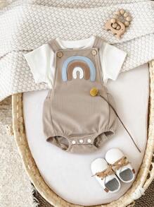 2pcs/Set Cute Rainbow Embroidered Short Sleeve T-Shirt + Bib Overall Romper Summer Outfit For Baby Boys