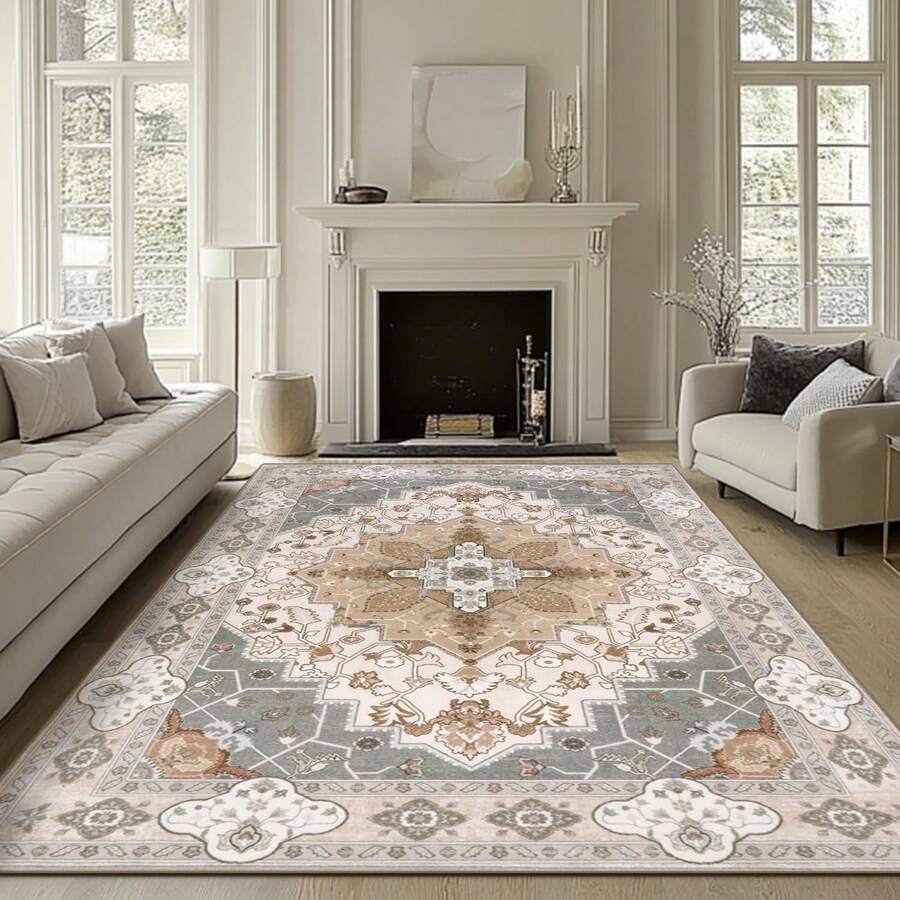 Luxurious Living Room Rug, Washable Vintage Rug, Short Pile Rugs With Non-Slip Rubber Backing, Soft, Child-And Easy Care - 淺棕色 - 查看 1