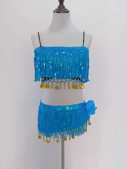 Set de 2 piezas de vestuario de danza del vientre para mujeres, conjunto de entrenamiento sexy con lentejuelas y flecos, cadena para la cintura con lentejuelas y flecos para danza latina y actuaciones, falda y brazalete con lentejuelas para el escenario Bollywood