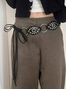 1 pieza Cinturón de mujer de material PU negro con hebilla redonda, remaches y lazo para la cintura, para verano, escuela, otoño, Halloween