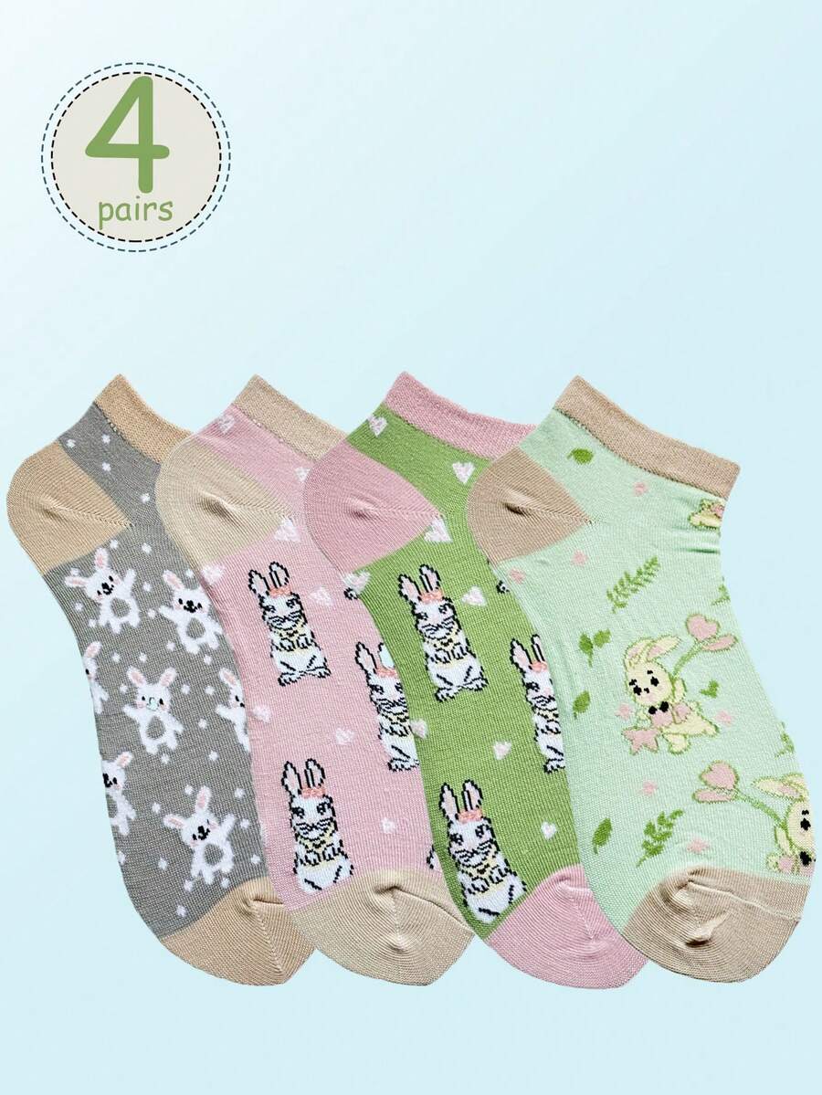 4 Pairs Women Multi-Color Cute Rabbit, Heart, Leaf Design Soft Comfortable Versatile Short Socks For Everyday Use - Multicolor - View 1