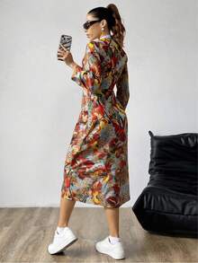 Vestido de verano con estampado retro, temperamento, cuello en V vuelto, botonadura sencilla, cintura alta, vestido camisero largo ajustado - Rojo - Ver 2