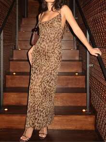 Backless Leopard Print Fitted Long Dress Party Summer Elegant - Brown - View 4
