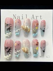 10 Pieces Of Handmade Fantasy Ocean Press On Nails,Summer Nails, Exquisite Shell Decoration, Press On Nails Coffin,Fashionable Design Coffin-Shaped Full-Coverage Nail Pieces, Creating A Sophisticated Look, Suitable For Women And Girls To Wear Daily Or On Holidays.