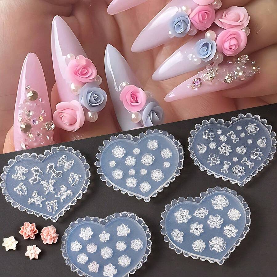 迷你玫瑰蝴蝶結 3D 浮雕美甲模板 矽膠雕刻模具 美甲藝術工具 指甲配件飾品 DIY 美甲愛好者適用