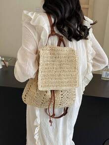 New Fashionable Design High-Quality Drawstring Woven Fabric Chic Shoulder/Crossbody/Backpack, School Backpack - Beige - View 5