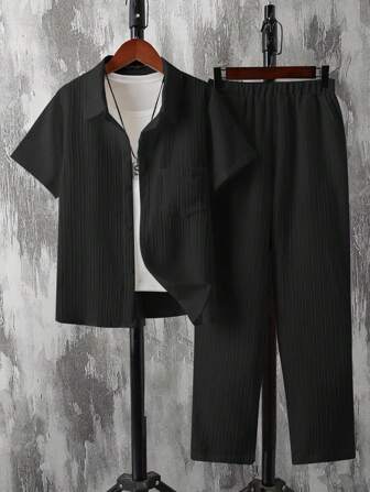 Set de 2 piezas de camisa holgada y pantalones con bolsillo con estampado de rayas jacquard informal para niño preadolescente