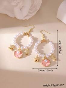 MESTILO 2pcs Tropical Style Metal Faux Pearl Oil Drop Starfish, Fish, Seashell Design Earrings Suitable For Women Holiday & Vacation Wear