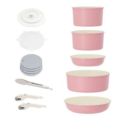  Juego de ollas y sartenes de inducción RIOVARM con asas extraíbles, juego de utensilios de cocina apilables de granito antiadherente con tapas de silicona, juegos de ollas y sartenes que ahorran espacio sin PFOA, sartenes, cazuelas