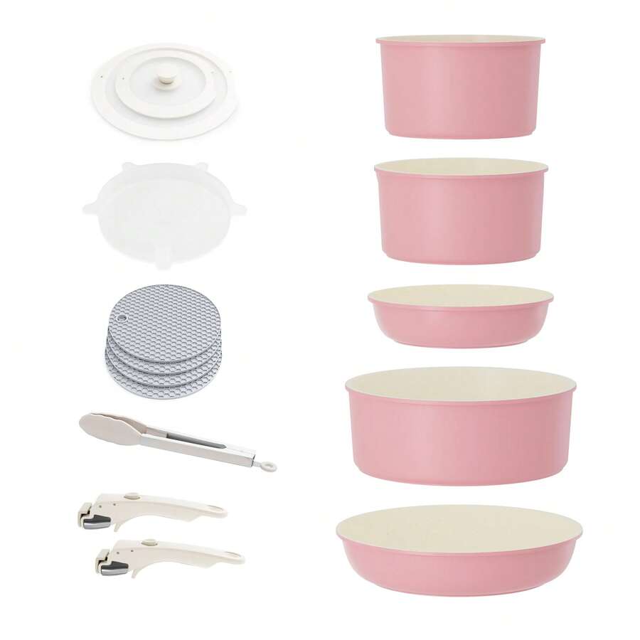 RIOVARM Induction Pots And Pans Set With Removable Handles, Non-Stick Granite Stackable Cookware Set With Silicone Lids, Space-Saving Pot & Pan Sets Without, Frying Pan, Casseroles - Pink - View 1