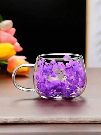 Tasses en verre à double paroi avec de vraies fleurs, tasses en verre borosilicaté haute qualité avec poignées, tasses en verre transparentes pour le café, le thé, le cappuccino et le latte, tasse à boisson résistante à la chaleur