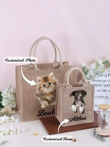 Mother's Day Gift Personalized Customized Pet Photo Burlap Tote Bags, Printed Dog And Cat Photo Tote Bags, Custom Pet Bags, Cat Tote Bags, Mom Tote Bags, Gifts For Pet Owners,All-Purpose,Large Capacity,Versatile,Multifunction,Colorful,Cute,Adorable,Contracted,Funny,Kawaii,Y2K,Minimalist,Commuting,Business Casual,Basics,Custom,Personalized,Unique,Customized,Ideal Gifts For Him,Ideal Gifts For Her,Her,Family,Friends,Girlfriend,For Anniversaries,For Birthdays,For Holiday/ Vacation,For Outdoors/Outings/Travel/Hiking/Stadium/Sports/Climbing,For Business/Commute/Work/Office