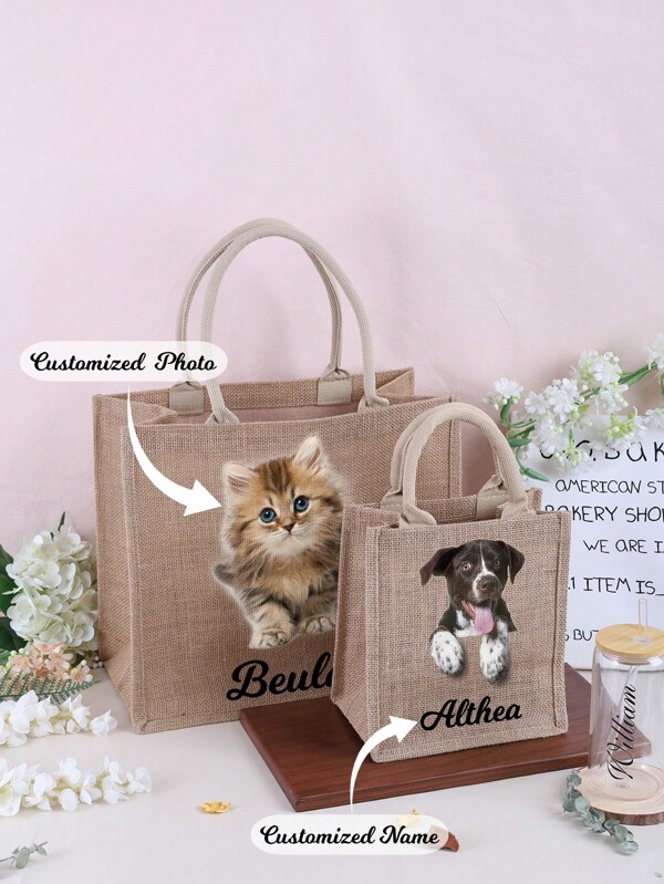 Mother's Day Gift Personalized Customized Pet Photo Burlap Tote Bags, Printed Dog And Cat Photo Tote Bags, Custom Pet Bags, Cat Tote Bags, Mom Tote Bags, Gifts For Pet Owners