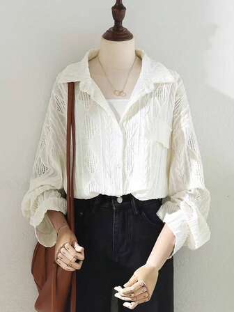 女式纯色前扣长袖休闲钩针镂空衬衫