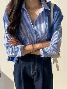 Cute Long Sleeve Button-Up Striped Retro Elegant Casual Blouse/Top For Women, Spring/Summer Holiday/Valentine's Day Outfit - Blue and White - View 4