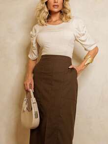 Linen Midi Skirt With Stylish Slit And Flexible Waist Casual Elegant Party Linen Hollow Out/Cut Out Split Skirt Evening Office Formal Evening Travel - 墨綠色 - 查看 4