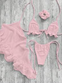 3件套纯色荷叶边系带吊带三角比基尼上衣和短裤/裙子泳衣套装 - 粉色 - 查看 4