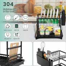 Rustproof Stainless Steel Dish Drying Rack, 2-Tier Large Dish Rack For Kitchen Countertops, Dish Rack With Drainer Plate, Dish Drainer With Utensil Holder And Cup Holder, Dish/Knife/Cup/Cutting Board, Black