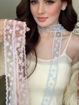 1 pieza Bufanda de encaje para mujer, bufanda de encaje francés larga, bufanda para el cuello, bufanda de moda versátil, accesorio decorativo para el cabello y vestidos