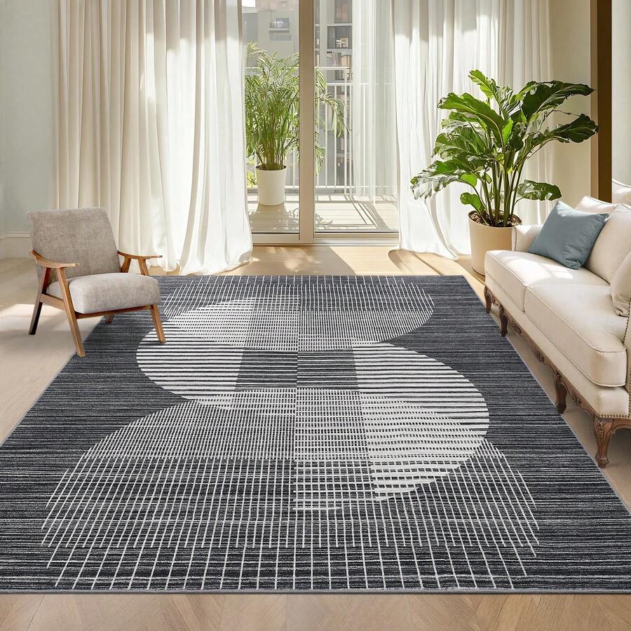 Modern Geometric Rug Soft Non Slip Thin Area Rug Large Size Washable Area Rug With Non Slip Backing For Bedroom Office Laundry Room Office Restaurant - 黑色 - 查看 1