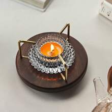 1 pieza Juego de Portavelas Multiusos y Calentador de Té, Base de Madera de Nogal para Calentar Té, Diseño Elegante de Portavelas de Vidrio, Juego de Portavelas para Crear Ambiente, Calentador de Té Portátil para Fiestas de Té, Reuniones, Restaurantes, Cafés y Uso Doméstico Volver al Colegio