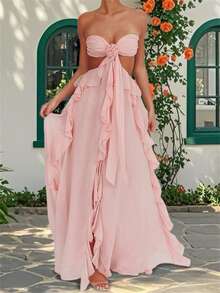 Women's Cutout Ball Gown Sleeveless Tie Back Solid Color Ruffle Long Dress Summer Party Dress - Pink - View 2
