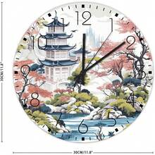 12" Silent Non-Ticking Wall Clocks Battery Operated Chinoiserie Asian Pagoda White Coral Blue Wall Decor For Kids Room Oriental Floral Farmhouse Round Wooden Wall Clock Rustic For Church Study Room - Style - View 5