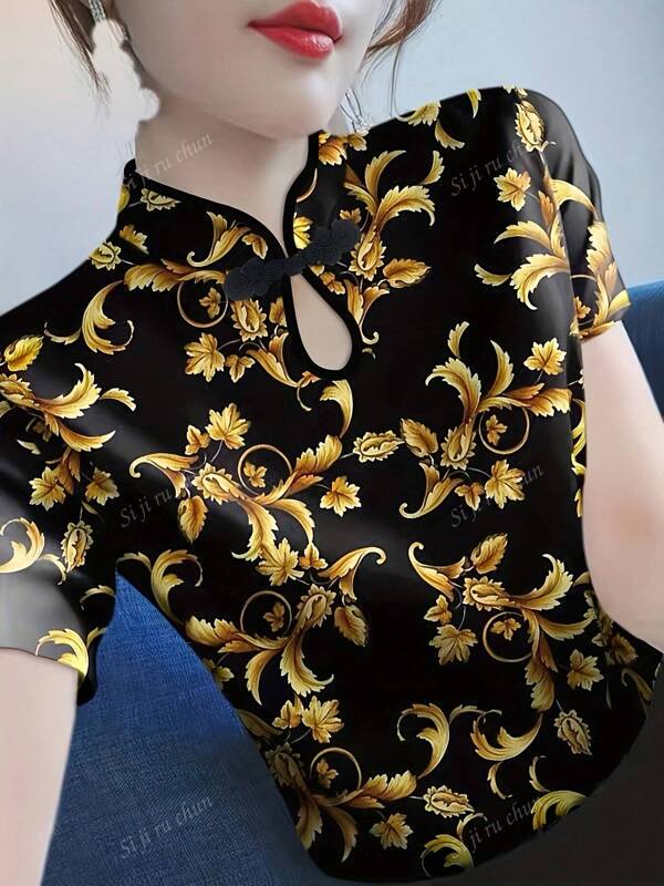 Camicetta di stile cheongsam retrò per donne, camicia a maniche corte aderente con stampa floreale ditsy stile cinese, adatta per primavera/estate