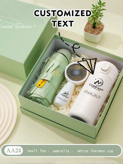 Personalized Business Gift Set For Summer, Includes Thermal Mug And Towel, Ideal For Housewarming, Employee/Client Gift, Birthday, Wedding Favor; Custom Sun Protection Umbrella Gift Box Set