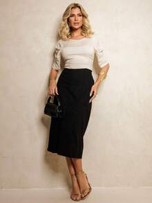Linen Midi Skirt With Stylish Slit And Flexible Waist Casual Elegant Party Linen Hollow Out/Cut Out Split Skirt Evening Office Formal Evening Travel - 黑色 - 查看 3