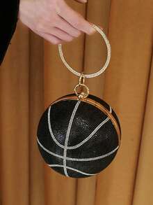 Women's Shiny Basketball Wallet, Diamond Accent, Round Ball, Crystal Bag, Wallet, Wristband, Handbag, Gold Clutch - 黑色 - 查看 3