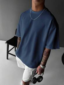 Men's Solid Color Short Sleeve Round Neck Casual Commuter T-Shirt, Summer - 藍色 - 查看 3