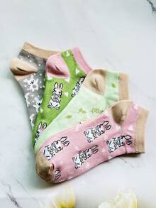 4 Pairs Women Multi-Color Cute Rabbit, Heart, Leaf Design Soft Comfortable Versatile Short Socks For Everyday Use - Multicolor - View 2