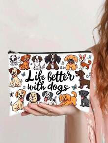 1pc "Life Is Better With Dogs" Cosmetic Bag - Ideal Gift For Dog Moms, Best Friends & Pet Lovers - Lightweight, Foldable, Stain-Resistant Fabric Makeup Pouch With Zipper Closure, Cream Background & Playful Dog Illustrations, Cute Dog Accessories,Christmas Gift - Multicolor - View 1