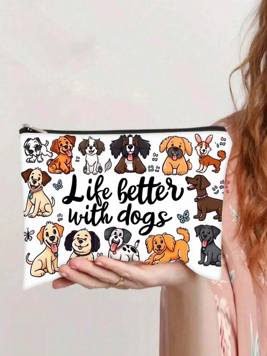 1pc "Life Is Better With Dogs" Cosmetic Bag - Ideal Gift For Dog Moms, Best Friends & Pet Lovers - Lightweight, Foldable, Stain-Resistant Fabric Makeup Pouch With Zipper Closure, Cream Background & Playful Dog Illustrations, Cute Dog Accessories,Christmas Gift - Multicolor - View 1