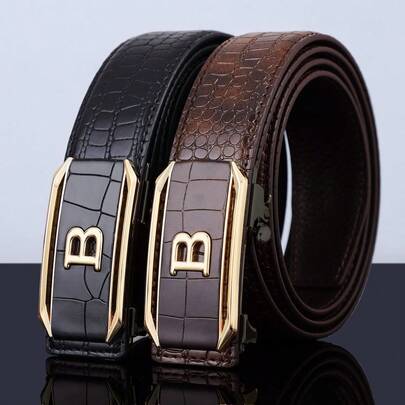 Casual Style Men's Automatic Buckle Belt, Medium PU Leather Strap, Fashionable Belt, Classic Letter Design Summer, School Casual, Business, Boyfriend Husband Father Dad Men Gift, Daily Wear, Fashion, Teen, Outdoor, Vacation, Athletic, Travel, Street, Boho, Vintage Fall, Autumn, Halloween Autumn-Winter Accessories,Suitable For Teens, Youth,Men,Casual, Outdoor, Athletic, Vacation, Graduation Gifts, Birthday, Daily Wear