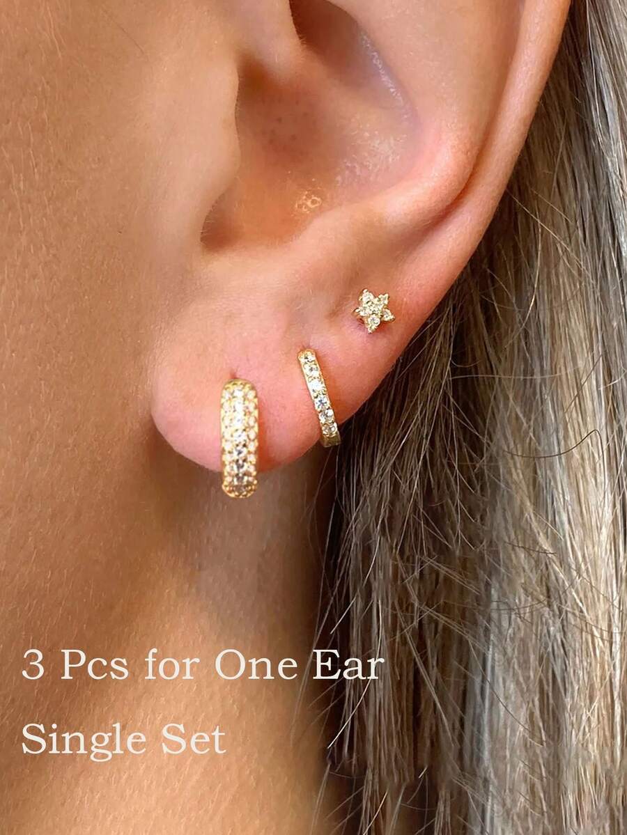 3pcs Full Zirconia Hoop Stud Stacks Earring For Women, Sparkling CZ Flower 18K Gold Plated Earrings Set Cartilage Conch Helix Lightweight For Multiple Piercing Jewelry For Women - Gold-2# - View 1