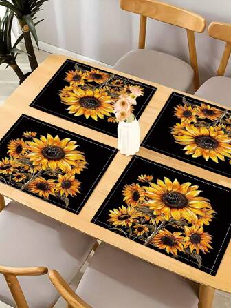 Juego de 4/6 tapetes individuales con estampado de girasol, lavables y resistentes al calor, perfectos para proteger su mesa, ideales para uso en la cocina del hogar y decoración de fiestas festivas.