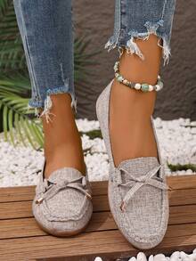 2025 Autumn Women's Fashion Bow Decorated Loafers - Low Top Flats - Spring And Summer New Style - Comfortable And Versatile - Casual Style - Daily Wear - Office Commuting - Bow Design - Flats - Low Top - Faux Suede Material Women's Fashion Comfortable Casual Soft Slip-On Black Versatile Handmade Toe Shoes Loafers Multicolor Sexy Leopard Print (Colors Randomly Distributed) - Beige - View 4