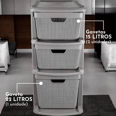 Gaveteiro Organizador Grande de Chão 15 E 22 Litros 3 Gavetas Plástico Juta Resistente